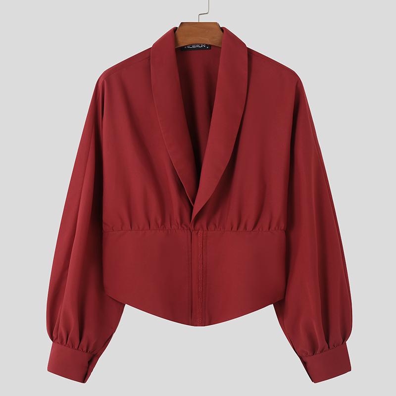 

INCERUN Чоловічі повсякденні сорочки з відкладним коміром і довгими рукавами з тонкою талією 4XL червоний