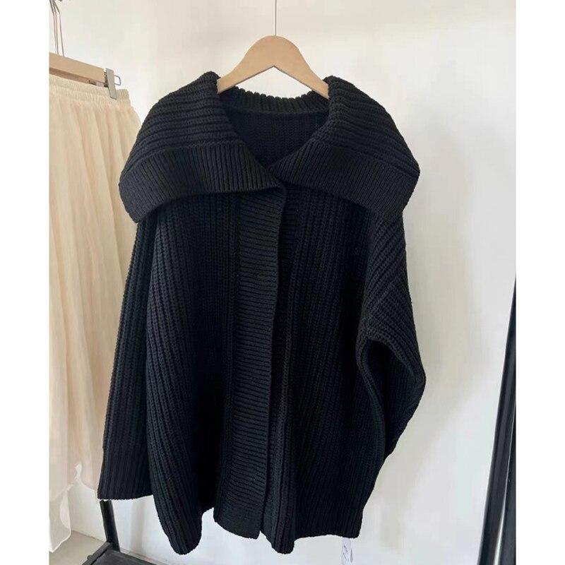 Herbst Schwarz Revers Gestrickte Pullover Jacke Frauen Vintage Lose Beiläufige Strickjacke Frauen Mode Träge Stil Winter Pullover 28527