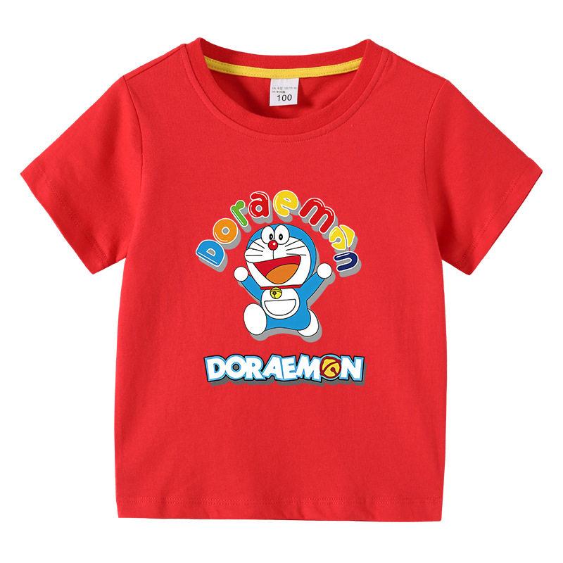 Doraemon Childrens Summer Clothing  Pure Cotton Breathable Top for Kids  Short Sleeve Ding Dong Cat Fashion Tshirt