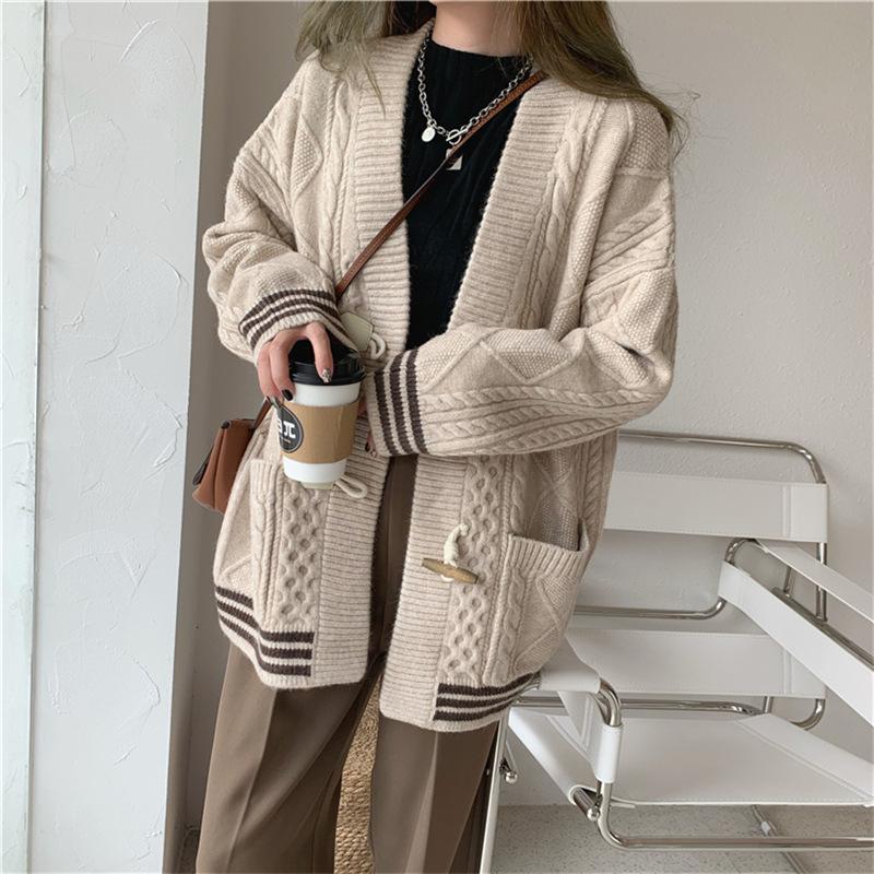 Fall Winter Wool Cardigan Women's Mid-length V-neck Sweater Loose Thick Cashmere Knitted Jacket