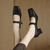 One-Word French Square Head Buckle Retro Brown Single Shoes High Heel Small Leather Shoes Thick Heel Mary Jane Shoes 6Cm