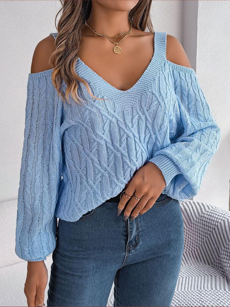 2025 Autumn/Winter Off-the-Shoulder Cable Knit Lantern Sleeve Sweater for Women