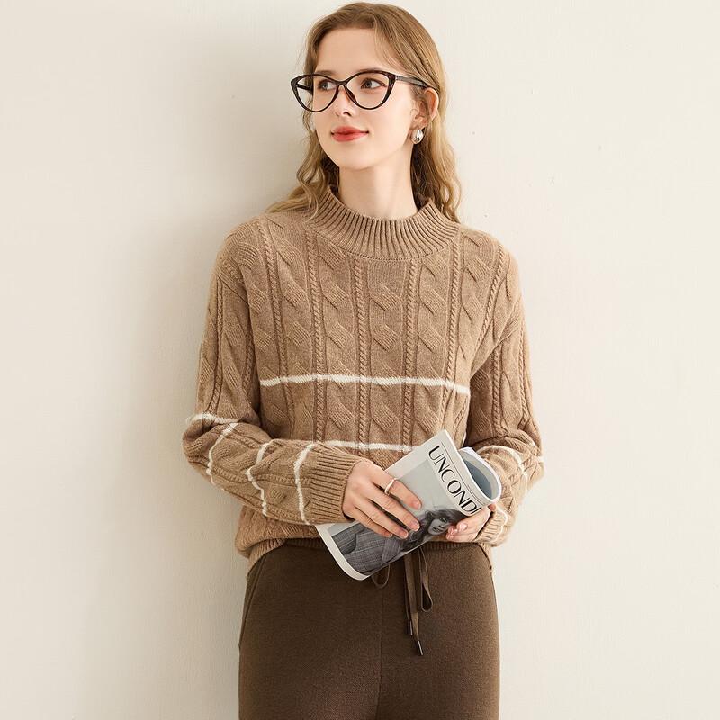 TUHUANG Women s 100% Lambswool Striped Color Block Cable Knit Half-High Collar Sweater L