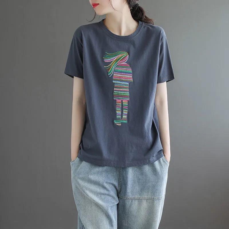 

New round neck short-sleeved versatile women s summer new large size loose fashion solid color retro T-shirt women M 80-50 kg