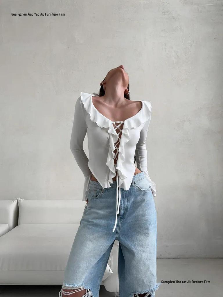 European & American V-neck Lace-up Ruffle Bell Sleeve Top