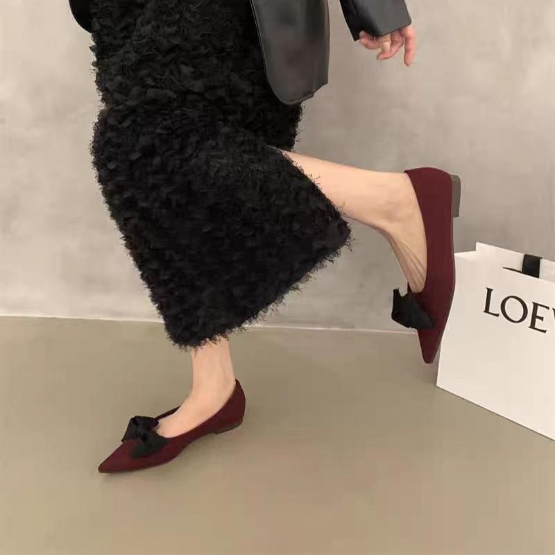 Women's Flat Shoes Spring New Pointed Head Shallow Mouth Suede Butterfly Knot Soft Sole Anti-slip Wear-resistant Single Shoes