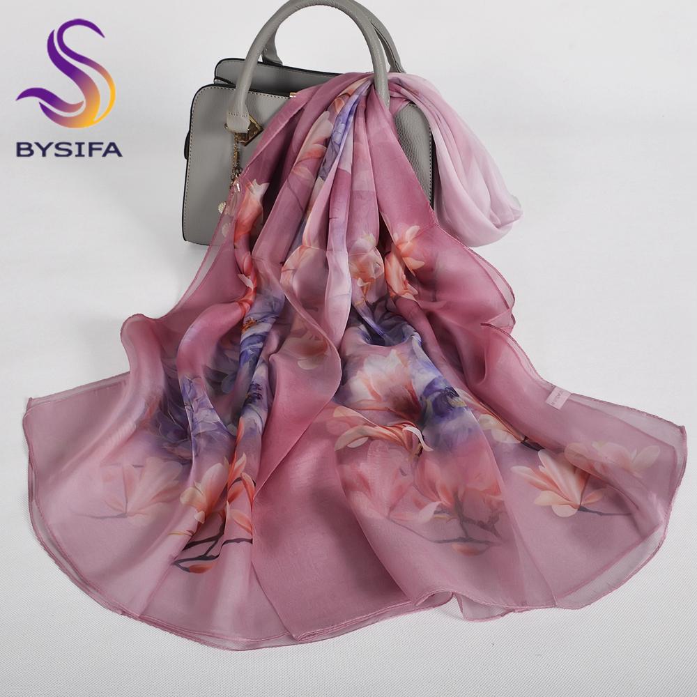 [BYSIFA] Blue Green 100% Mulberry Silk Scarf Wrap Winter Flower Design Chiffon Long Scarves Shawls Ladies Beach Shawl Echarpes