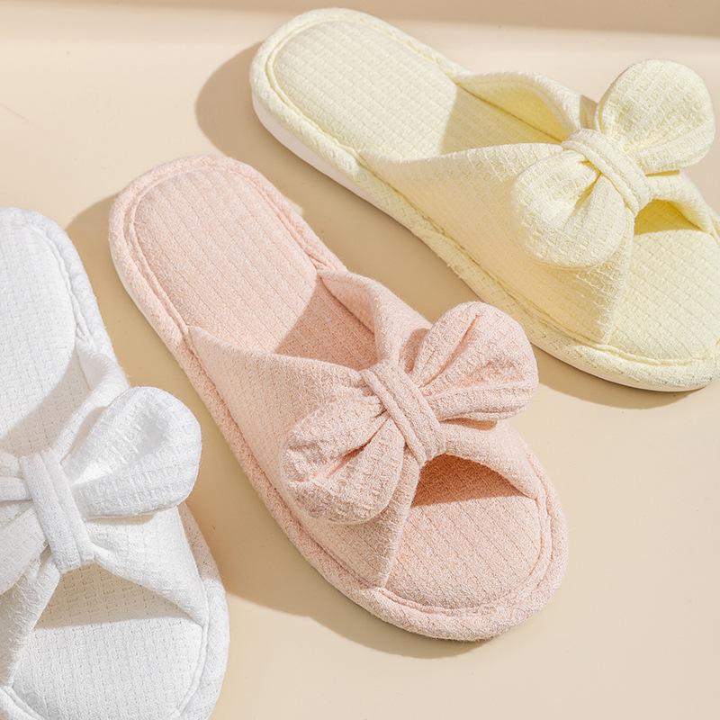 Elegant Hairy Slippers Bow Knitted Cotton Home Slippers Cute Girls Open-toe Couple Sandals Slippers Female Home Shoes Slippers Pink