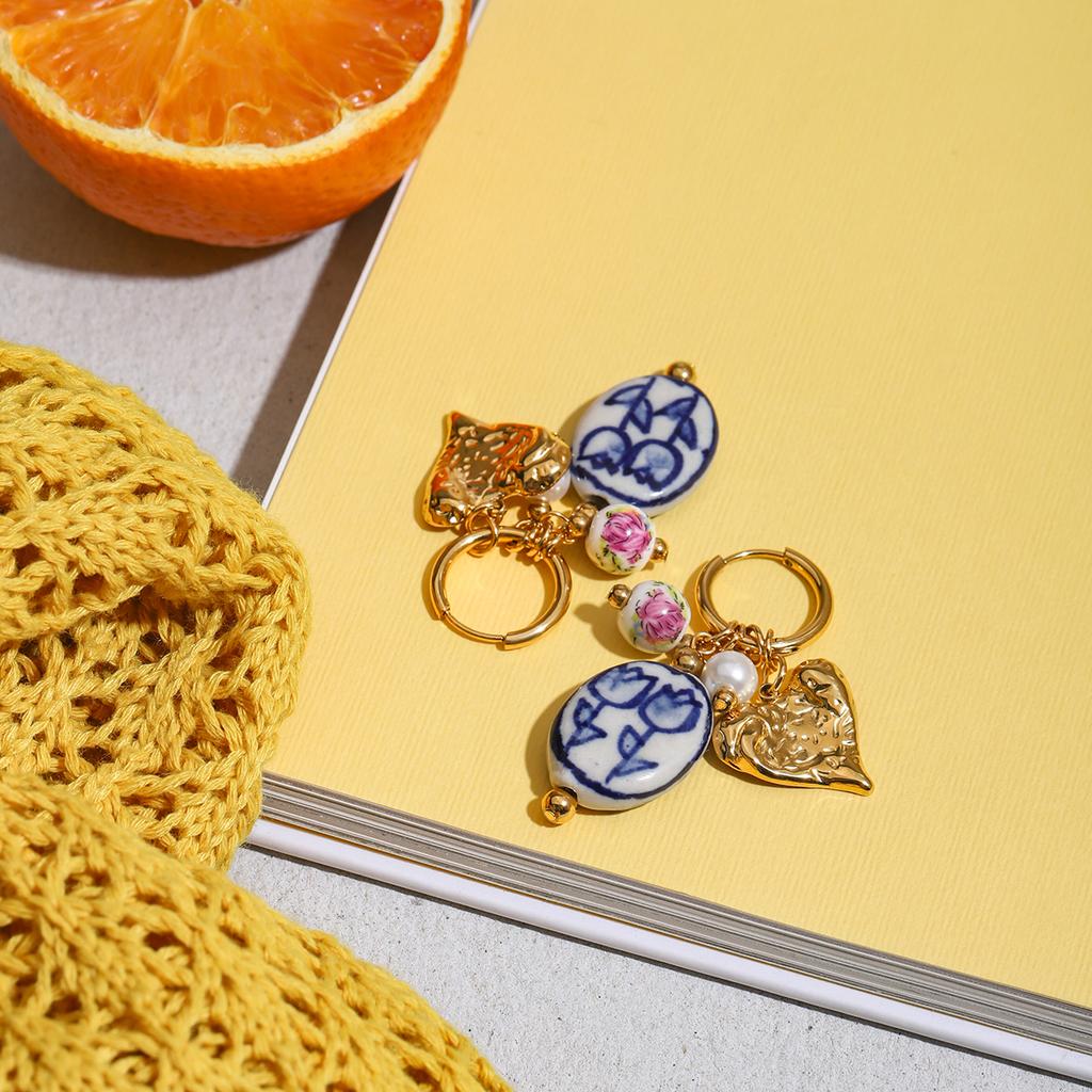 Youthway New Arrival Gold Plated Stainless Steel Ceramics Flower Heart Pearl Pendant Drop Earrings Versatile Women Jewelry Gift