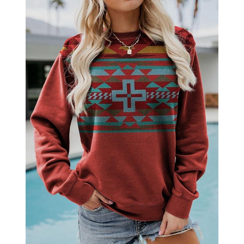 Felpa Girocollo Autunno Inverno da Donna, Top Pullover Casual a Manica Lunga con Stampa Teschio di Toro Etnico Western
