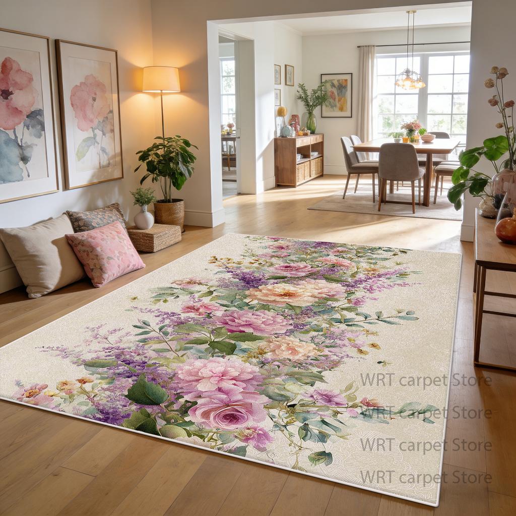 Cream Pink Color Floral Decoration Home Carpet Living Room Dining Room Area Non-slip Rug Patio Foldable Short Velvet Floor Mat