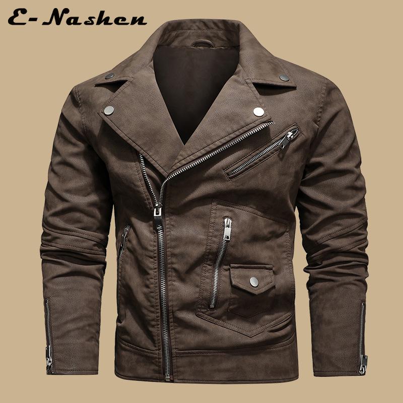 Modna Męska Skórzana Kurtka Motocyklowa w Dużym Rozmiarze z Wieloma Zamkami i Dużym Klapą