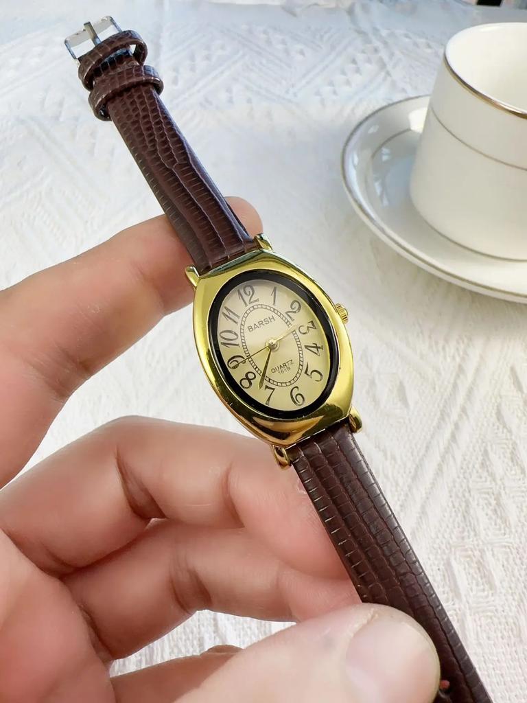 Vintage Design Classic Watch Fashion Oval Number Dial Quartz Watches Brown Leather Band Wristwatch Montre Femme Dropshipping