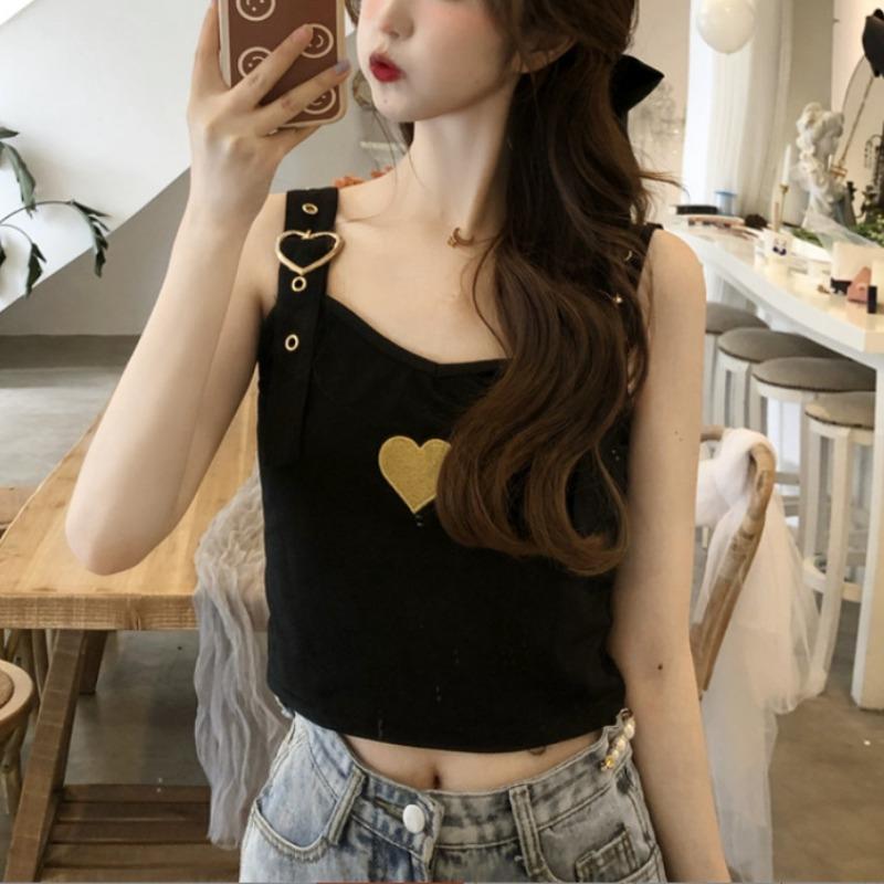 Ice Sweet Design Love Embroidered Vest with Adjustable Halter Women's Summer Short Knit Top