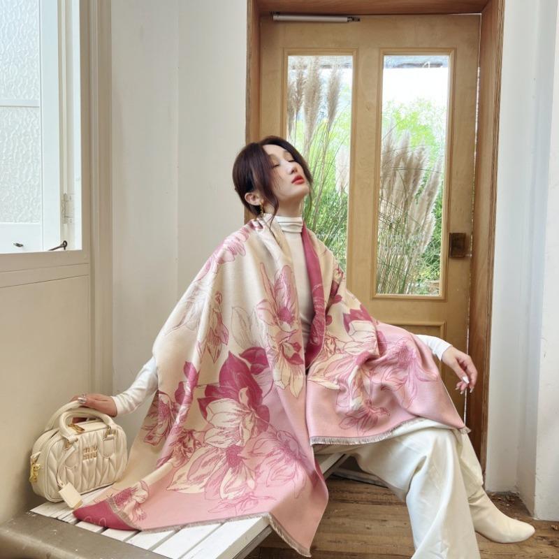 Autumn and winter magnolia floral imitation cashmere scarf thickened shawl fresh and sweet versatile cold-proof warm scarf