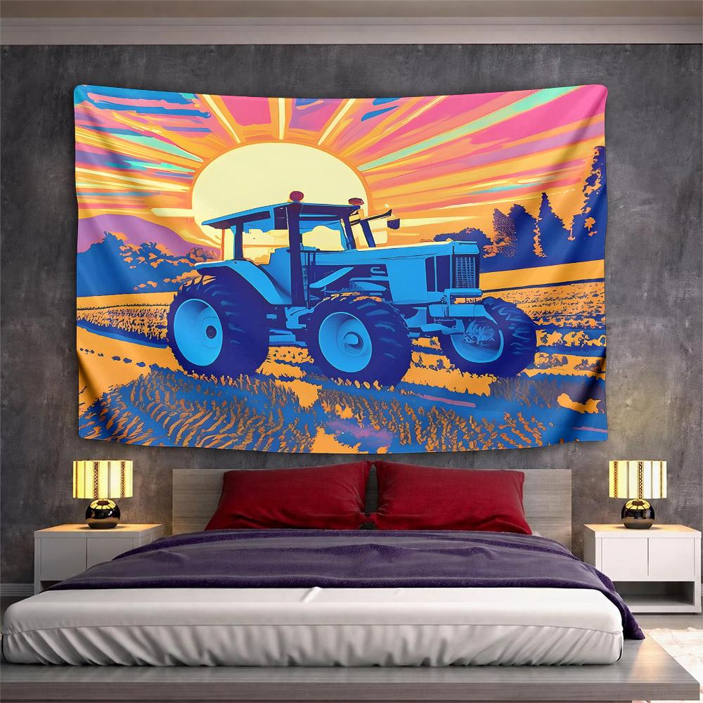 Retro Pop Art Blue Farm Tractor Under Radiant Sunset Tapestry Wall Hanging Colorful Country Decor for Kitchen Gift