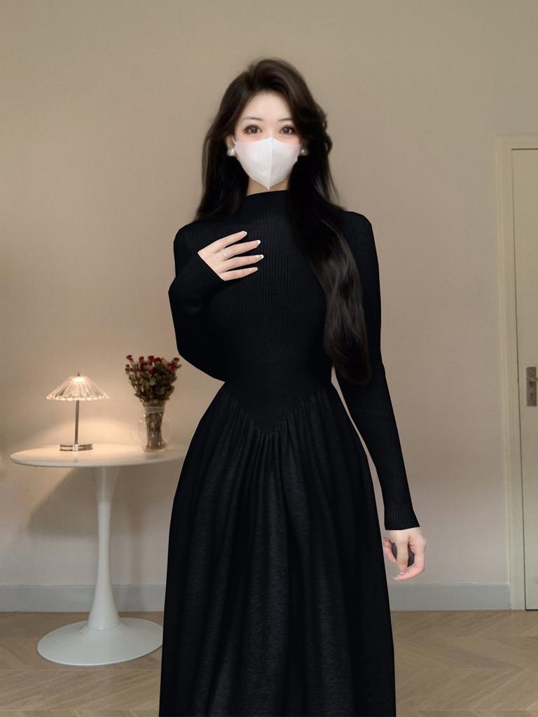 Halbhoher Kragen Schlankmachende Taille Kleiner Mann Fortgeschrittener Sinn Patchwork Gestricktes Unterteil Kleid