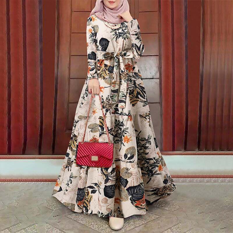 Muslim Street Fashion Long Sleeve O-Neck Printed Dress