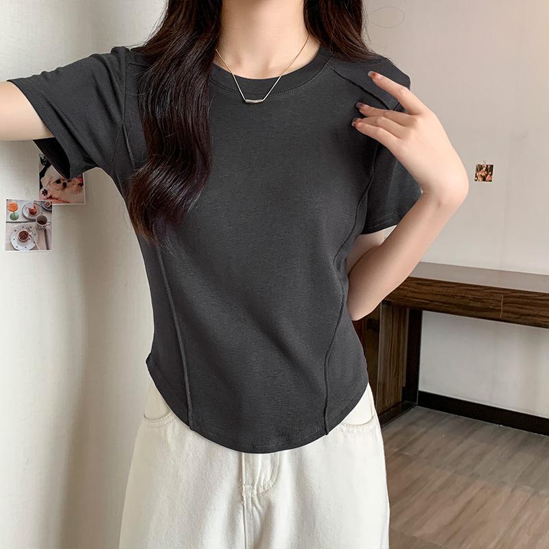 Round Neck Short Sleeves Straight Shoulder Slimming Fish Bone Shirt New Summer Irregular Base T-shirt Women's Top