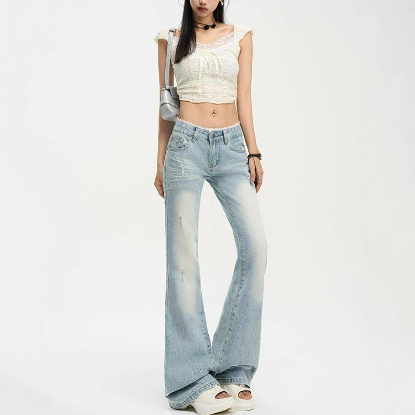 Lace Big Yards Light Blue Micro Flare Jeans Female Lace Low Waist Not Sticky Legs Skinny Straight Trousers Jeans for Women Long Denim Pants