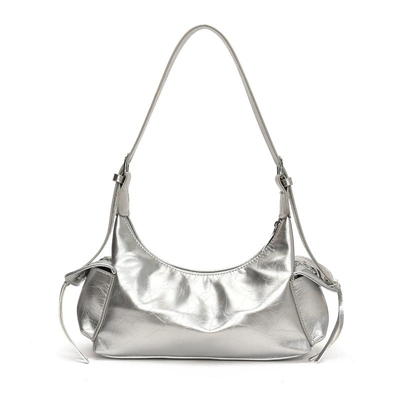 Spice Girl Bow Double Pocket Underarm Bag Glossy Oil Wax Leather Trend Locomotive Bag Shoulder Bag