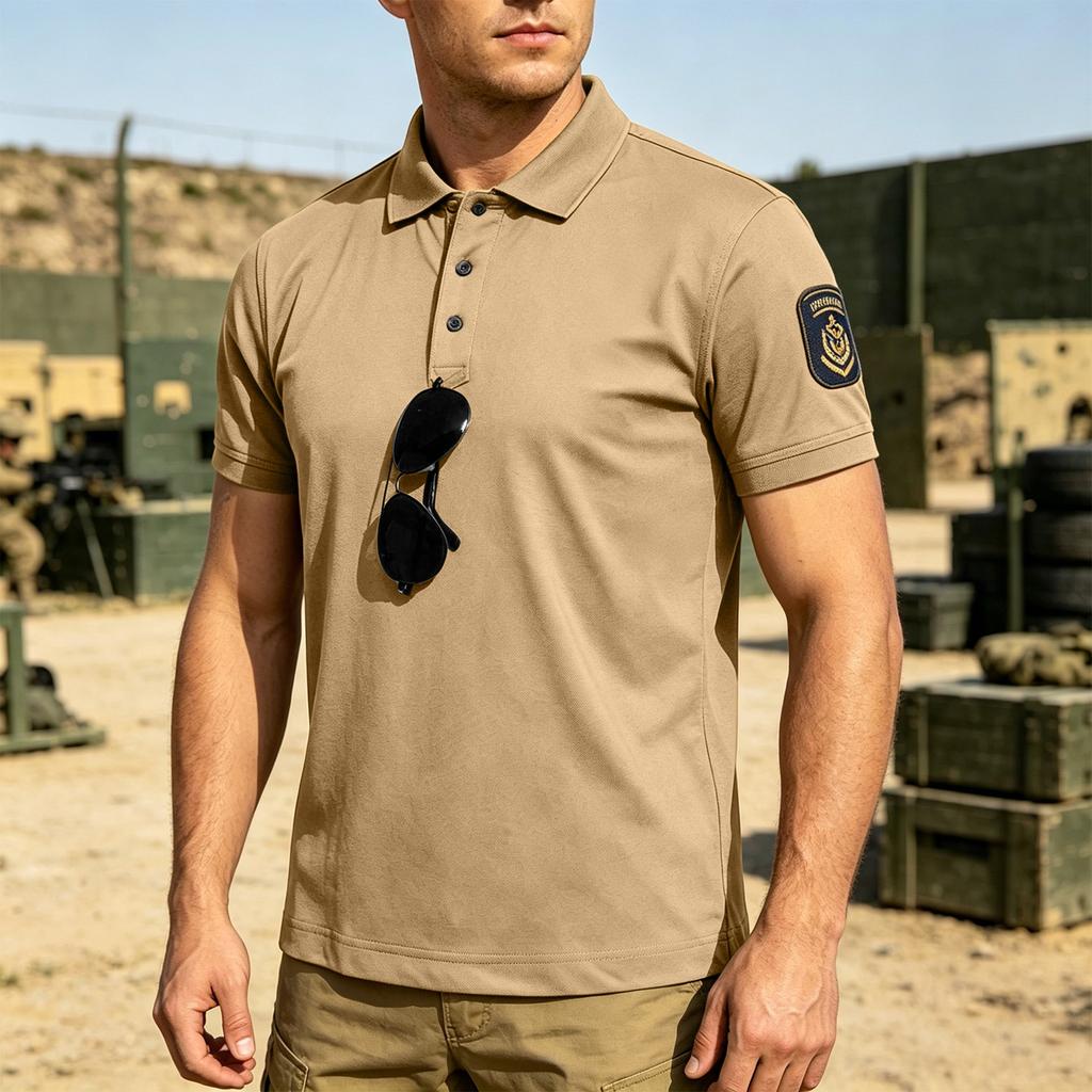 Men's Tactical Quick Dry Polo Shirt Loose Fit Breathable Outdoor Short Sleeve Shirt with Hook and Loop Collar for Casual Use