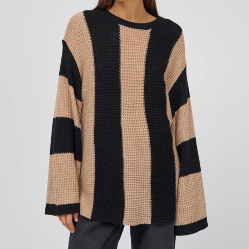 Crew Neck Striped Women's Long Sleeve Autumn Bottom Shirt Top Sweater Contrast Color Simple Wind Knitted Sweater Women's Loose