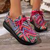 Sneakers alla Moda da Donna Autunno Nuovi Casual Quotidiani Sneakers da Donna Tela Etnica Arcobaleno Punta Tonda Stampa Multicolore Sneakers con Lacci
