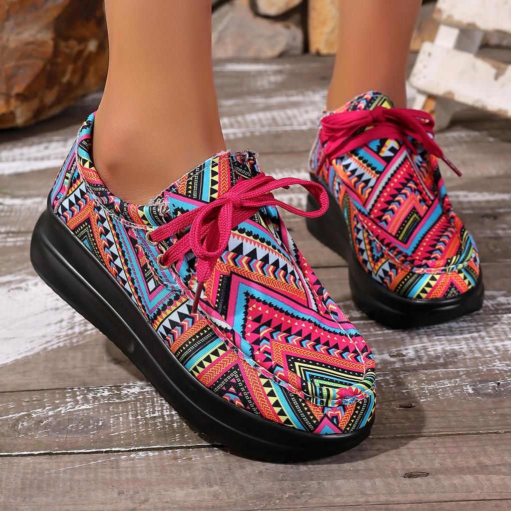 Sneakers alla Moda da Donna Autunno Nuovi Casual Quotidiani Sneakers da Donna Tela Etnica Arcobaleno Punta Tonda Stampa Multicolore Sneakers con Lacci