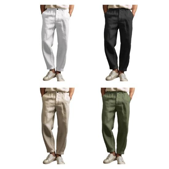 Heren Broek Middelhoge Taille Knop Rits Sluiting Casual Broek met Zakken Effen Kleur Losse Pasvorm Lichtgewicht Ademende Broek