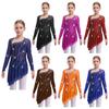 Girls Lyrical Dance Dress Sheer Mesh Long Sleeves Cutout Back Design with Sparkly Rhinestones Asymmetric Hem Skirt