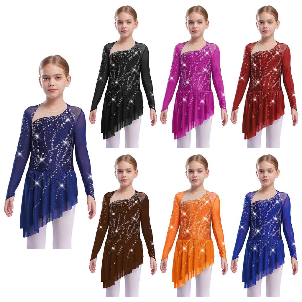 Jenter Lyrisk Dansekjole Gjennomsiktig Mesh Lange Ermer Utringet Ryggdesign med Glitrende Rhinsteiner Asymmetrisk Skjørt