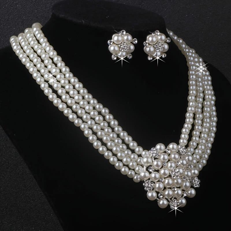 High End and Atmospheric Flower Necklace with A Pair of Earrings Set, 4-row Bead Necklace, Wedding Banquet, Evening Party, Engagement Jewelry