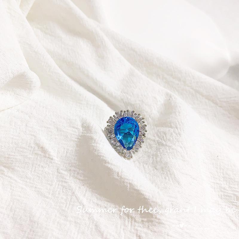 Luxury Women s Adjustable Deep Blue Zircon Water Drop Ring with Full Diamond Inlay – Elegant Haute Couture Style Open Adjustable
