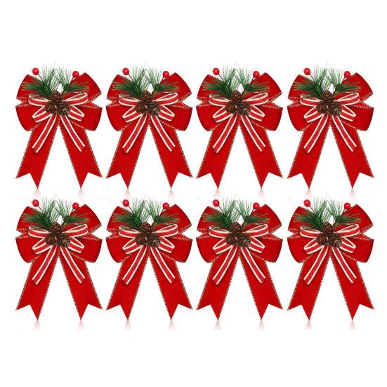 Christmas Bows with Pine Cones Pine Needles Buffalo Plaid Ribbon Bows Christmas Tree Wreath Decoration for Gift Wrapping