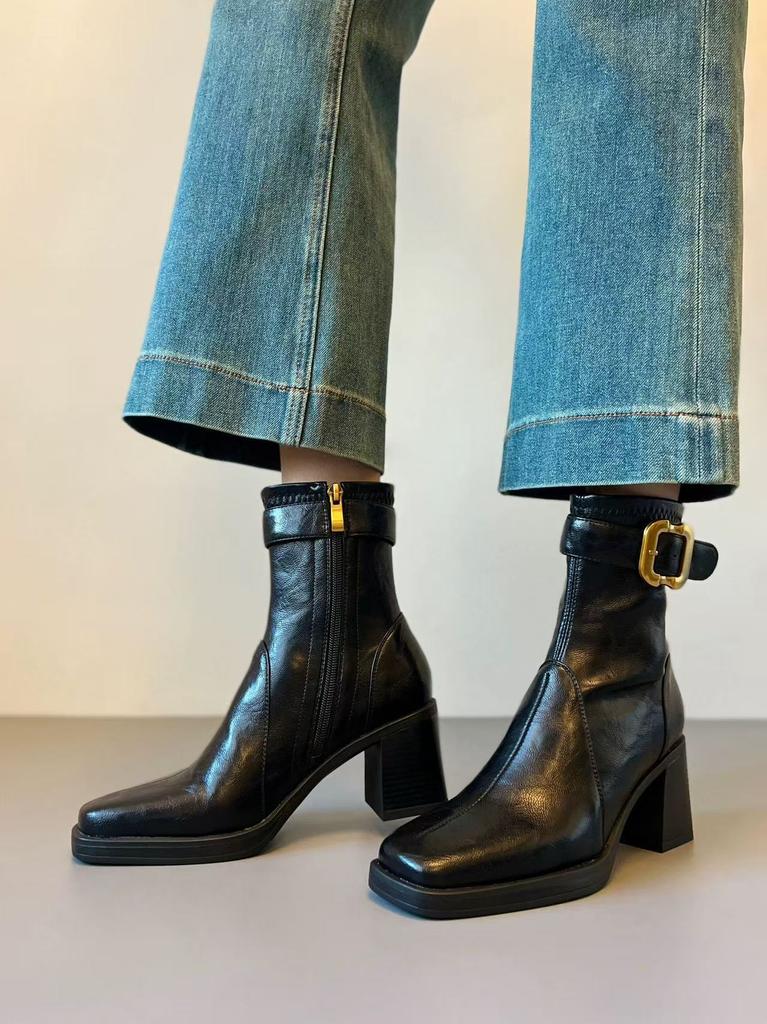 Square head high heel short boots women's retro thick heel thick sole thin velvet Martin boots silent bottom thin boots