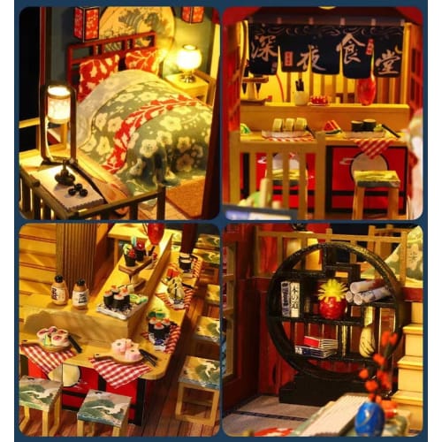 moin moin 1/24 scale dollhouse miniature DIY kit set featuring a Japanese-style inn (Wakii) with a focus on Japanese cuisine, featuring a late-night d