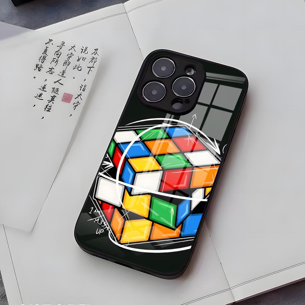 Cool Funny Rubiks Cube Phone Case For IPhone 17 Air 16 E Pro Max 15 14 13 Mini 12 Pro 11 Max Plus Black Glass Cover