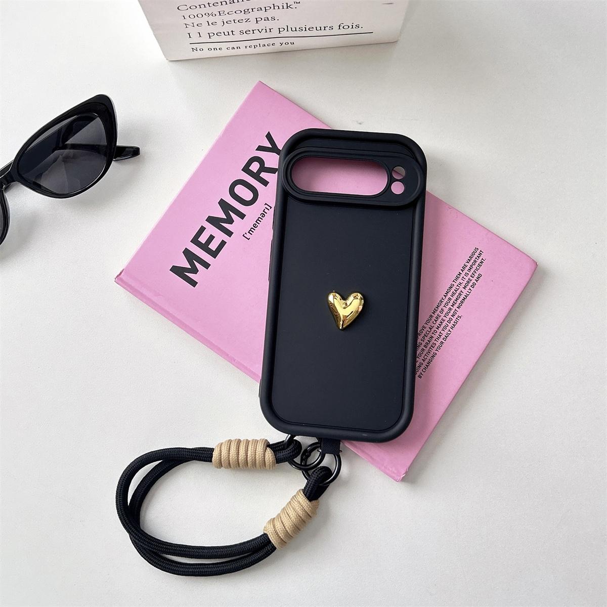 

Silicone Soft 3D Gold Heart Love Rope Wrist Strap Phone Case for Google Pixel Shockproof Cover Pixel 7 8 9 pro XL 7A 8A Google Pixel 9 чорний