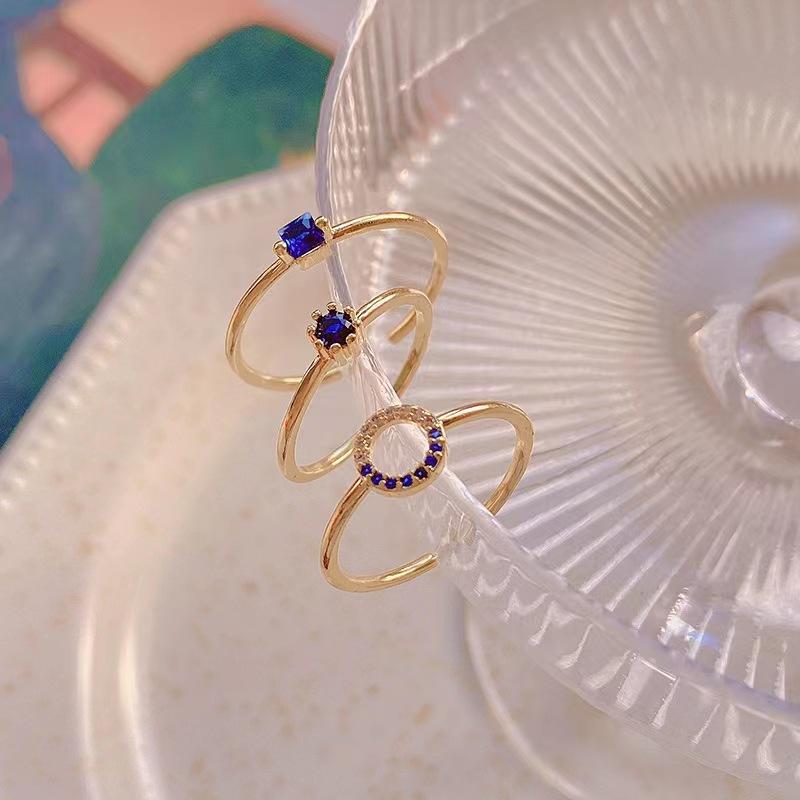 Niche Temperament Retro Blue Zircon Ring Women'S Simple High-End Stacked Three-Piece Open Ring