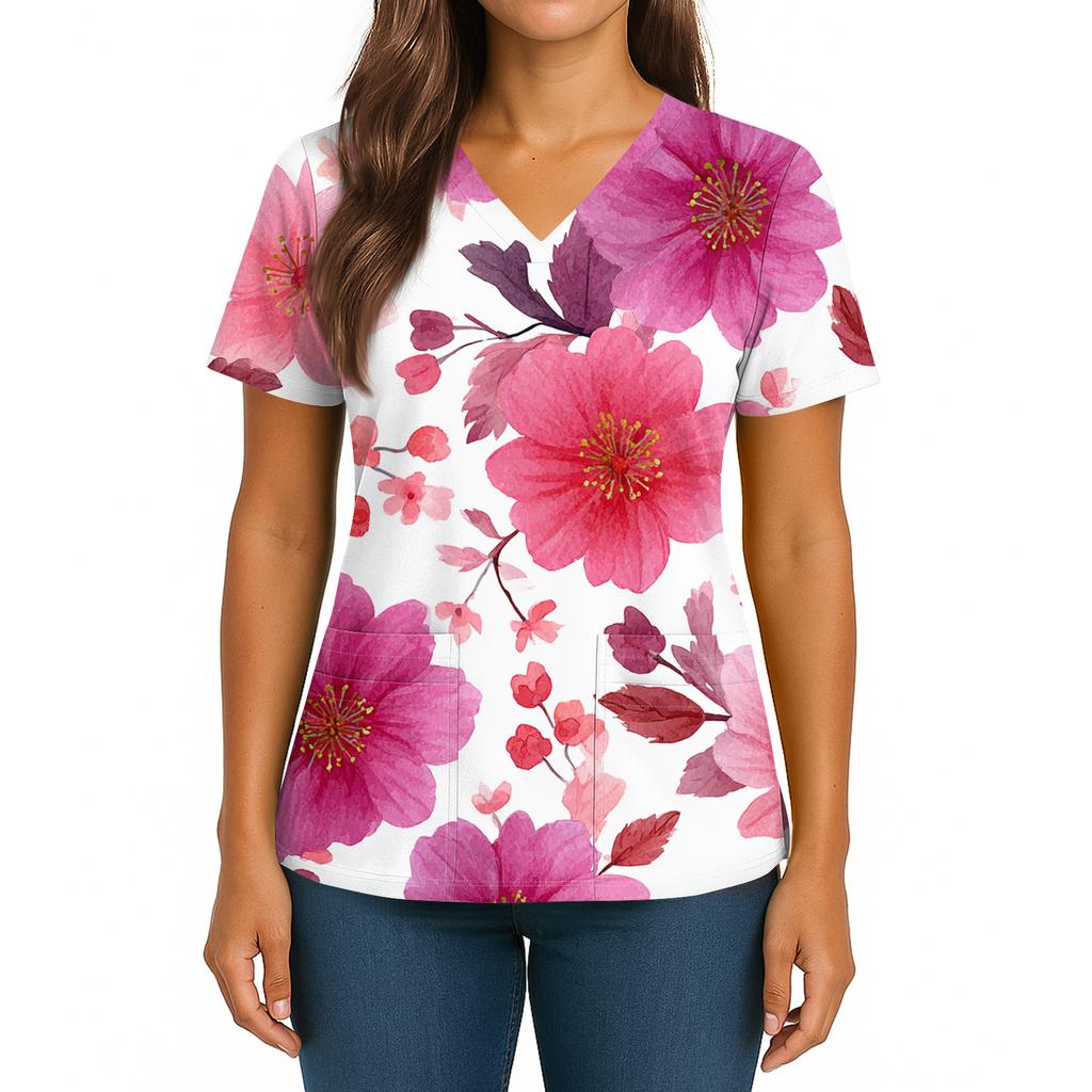 Women's Gradient Print V-Neck Double Pocket Short Sleeves Hem Slit Uniform Caregiver Top