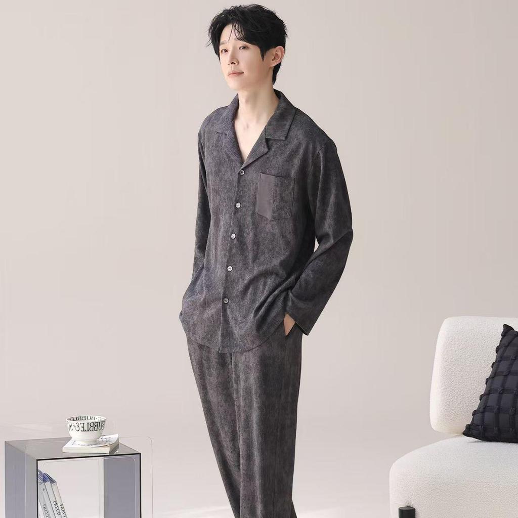 Men's Plus Size Pure Cotton Long Sleeve Pajamas Set for Spring, Autumn, and Winter