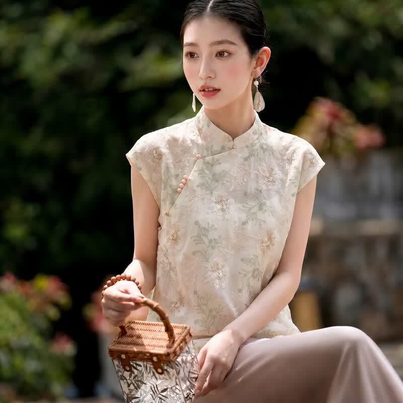 Women s New Chinese Style Floral Embroidered Stand Collar Blouse S