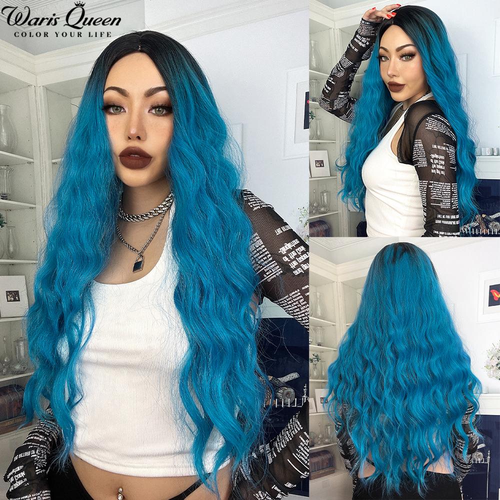 Long Wavy Black And Pink Synthetic Wig for Women With Bangs Natural Heat Resistant Part Cosplay Party Lolita Daily  Hair Wigs