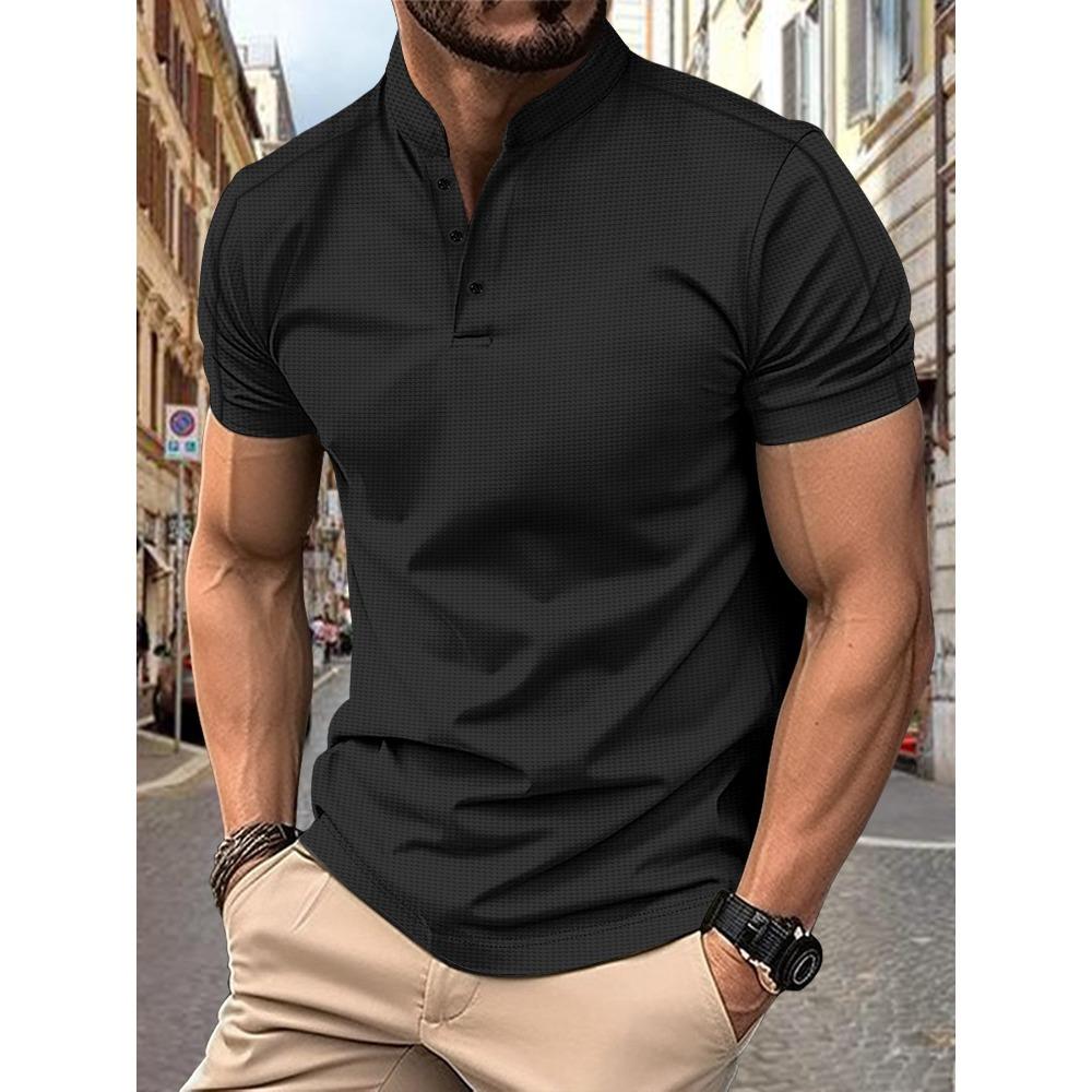 Men s short-sleeved polo shirt with a stand-up collar and waffle henley neckline S