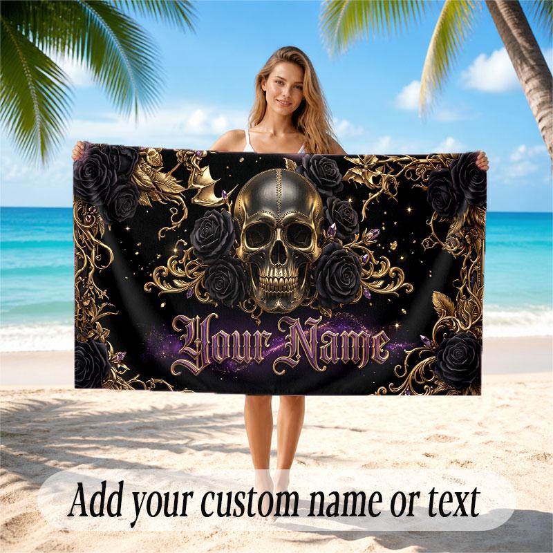 Skull Gothic Theme Beach Towel Personalized Custom Name & Text Soft Quick Dry Beach Towel for Swimming Travel