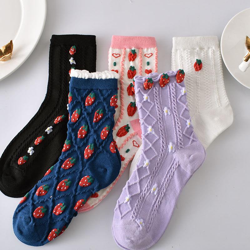 5 Paare/ Los Traumähnliche Damen Socken Harajuku Retro Stickerei Frühling 3D Strickerei Blumen Geprägter Druck Lolita Weihnachtsgeschenk