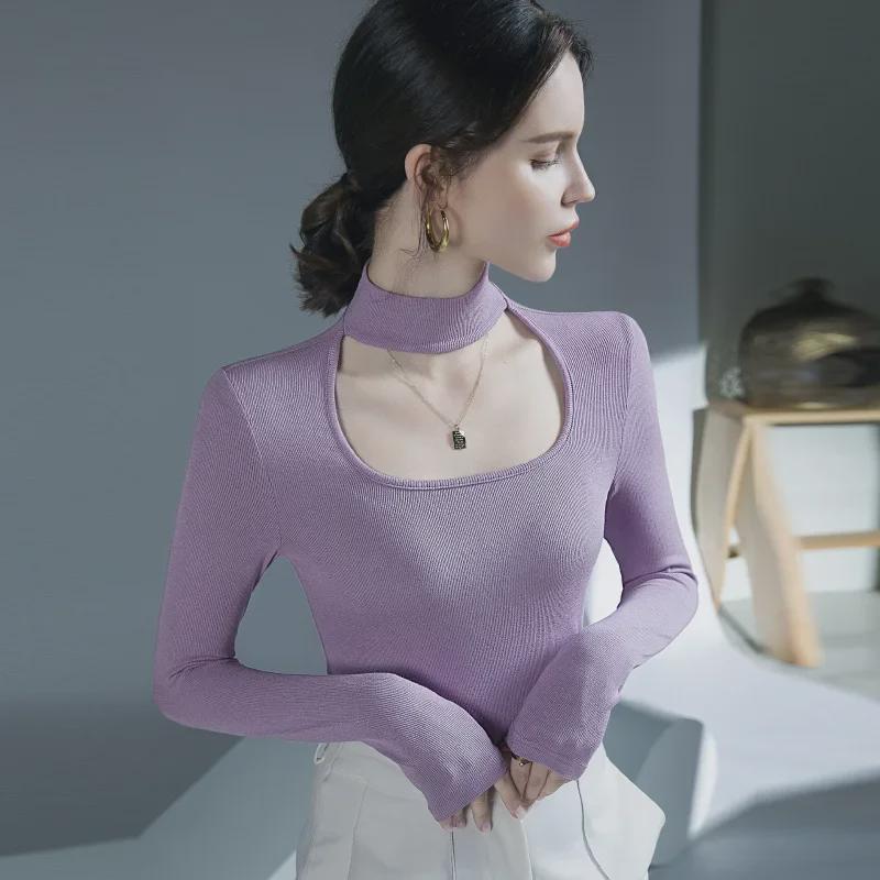 Hollow-Out Collarbone Halter Neck Fashion Tops for Autumn and Winter