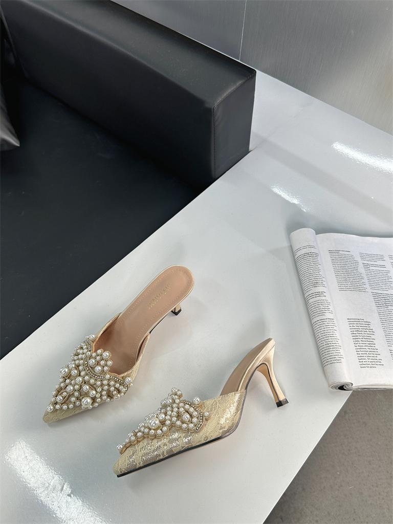 Baotou Fairy Rhinestone Pearl Sandals Summer New Pointed Thin Heel High Heel Sandals Large Size 35-42
