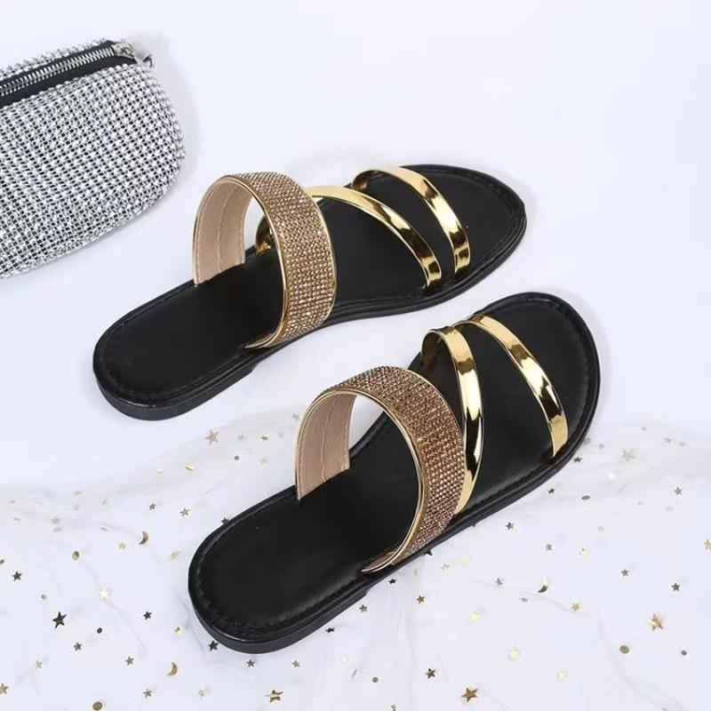 Womens Summer Sandals Rhinestone One Band Flat Slippers European and American Style Plus Size